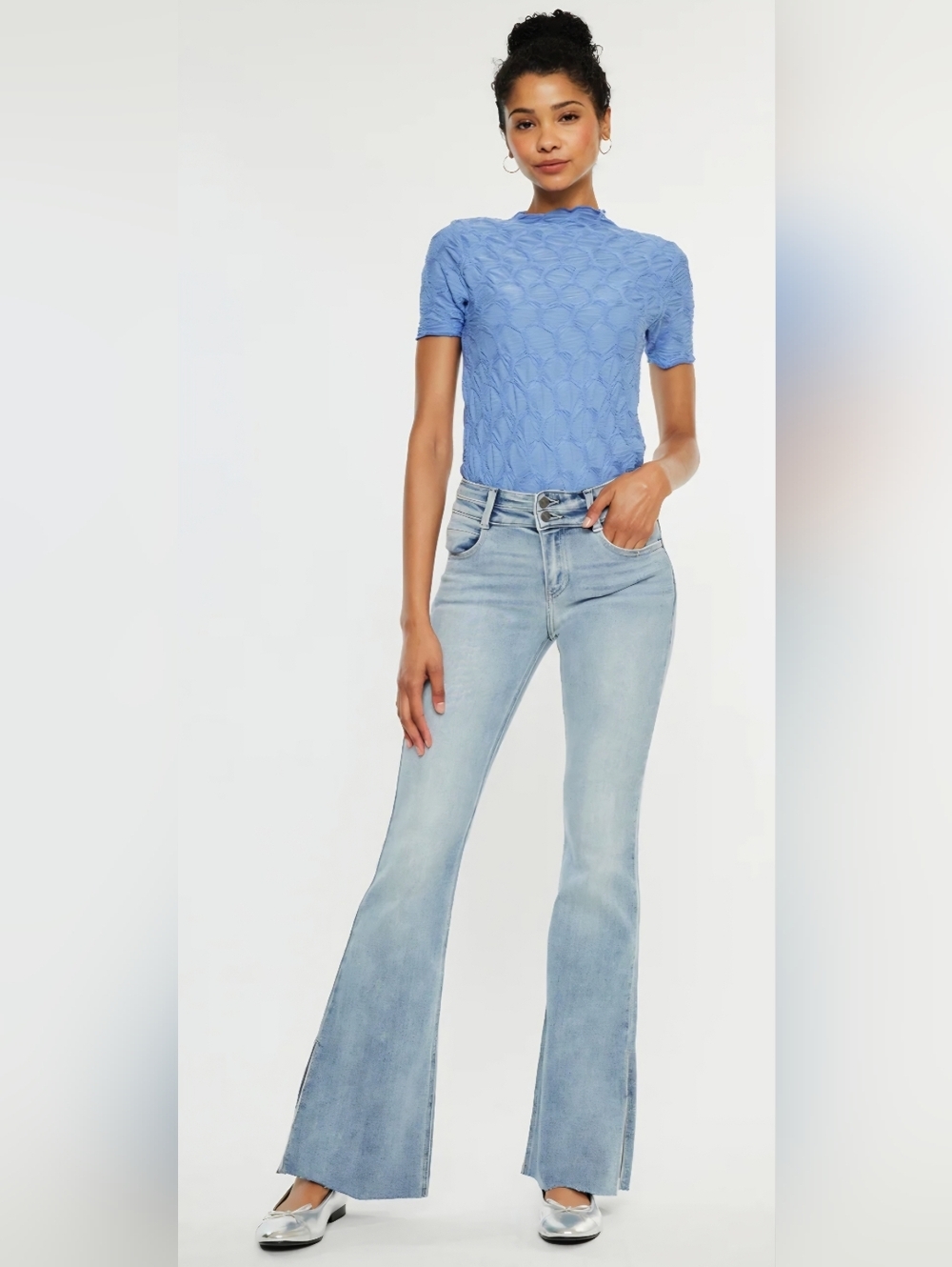 KanCan MR Light Wash Flare Jeans Double Button Waistband Split Hem 9/28 NEW